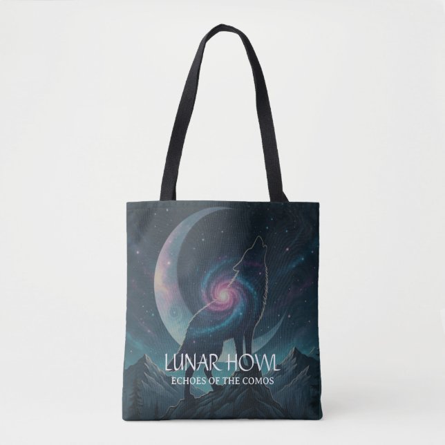 Galaxy Wolf Silhouette with Mystical Nebula Moon Tote Bag (Front)
