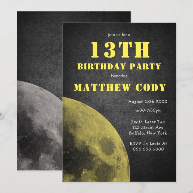 Galaxy Yellow Moon 13th Birthday Party Invites (Front/Back)