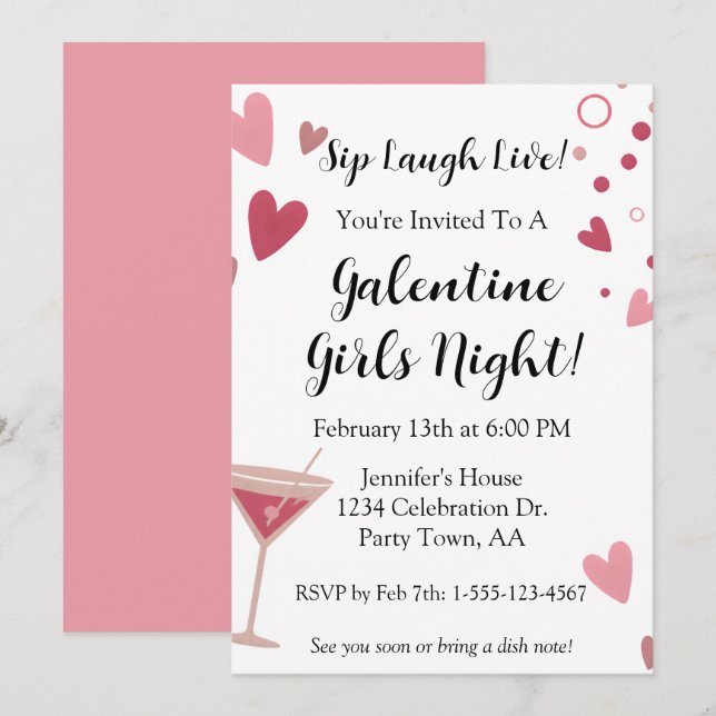 Galentine Girls Night Out Martini Pink Invitation (Front/Back)