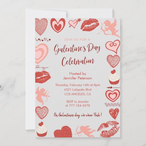 Galentine invitation pink and red brunch hearts 