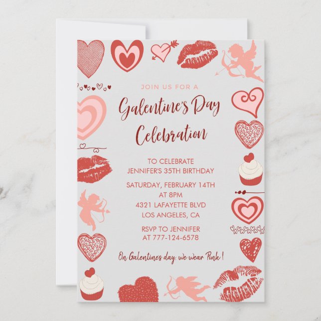 Galentine’s Day Brunch Invite - Pink & Red Hearts (Front)
