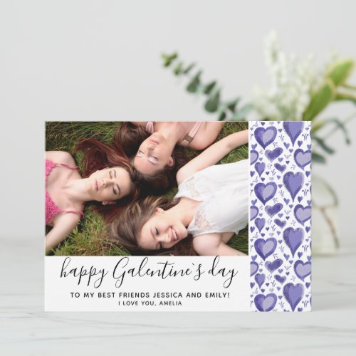 Galentines Day Purple Heart Drawing Friend Photo Holiday Card