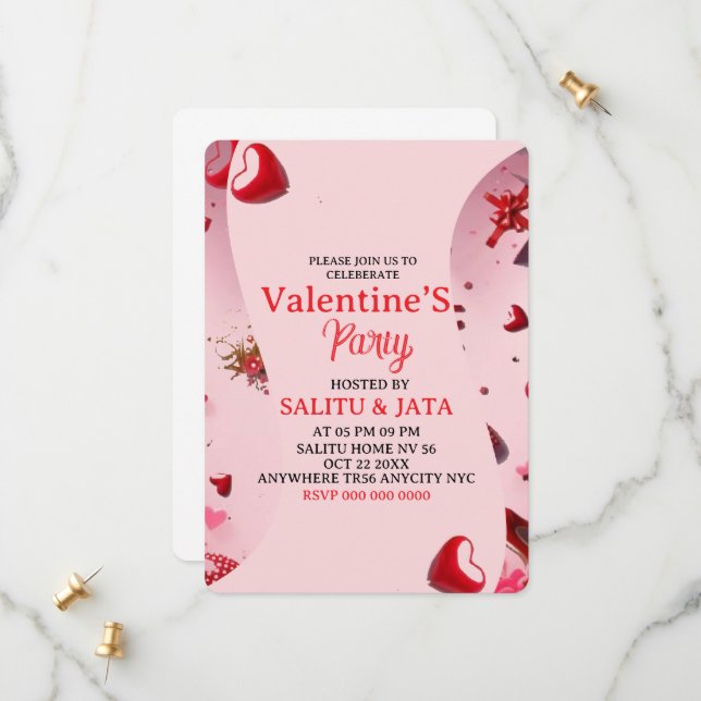 Galentine’s Party Invitation, Pink Heart & Bow Bir Save The Date (Front/Back In Situ)