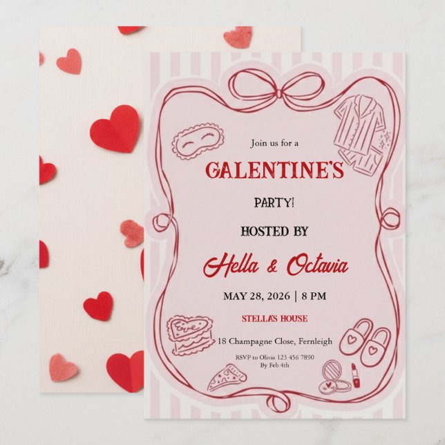 Galentine’s Party Invitation Printable, Pink & Red (Front/Back)
