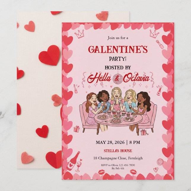 Galentine’s Party Invitation Printable, Pink & Red (Front/Back)
