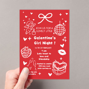 Galentine’s Party, Night Valentine Hand Drawn Acrylic Invitations