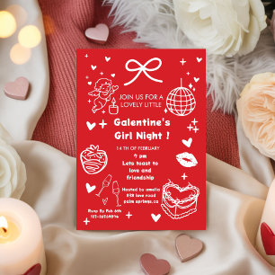 Galentine’s Party, Night Valentine Red doodle Invitation
