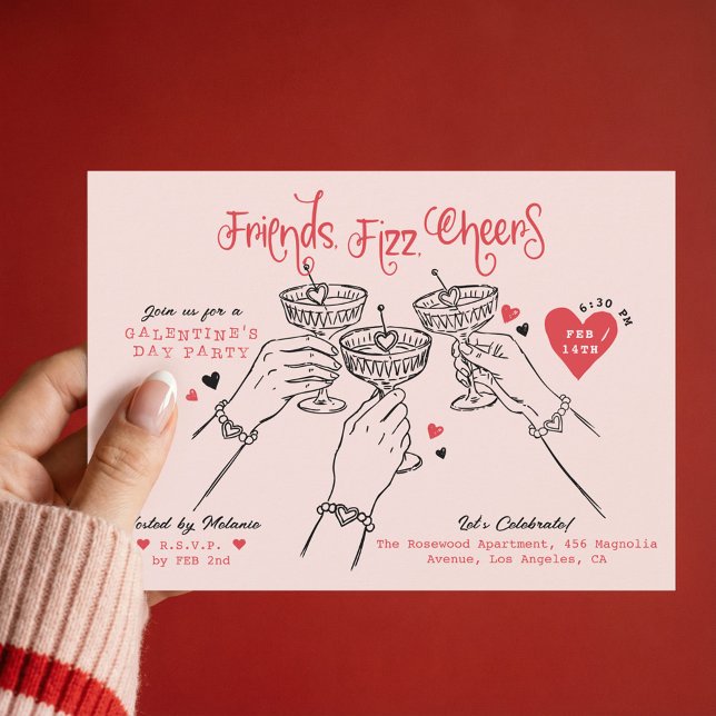 Galentine’s Pink Red Hand Drawn Cocktail Party Invitation (Galentine’s Pink Red Hand Drawn Cocktail Party Invitation)
