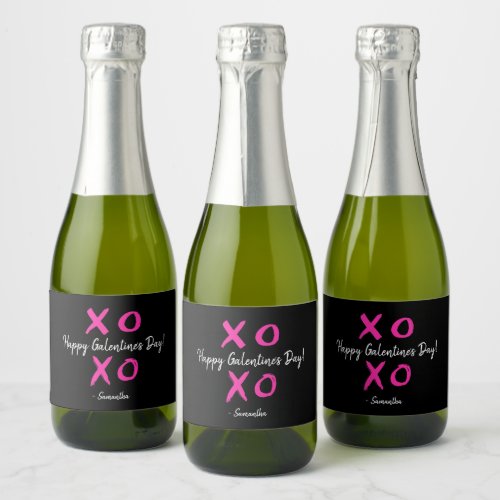 Galentines Cheers Custom Pink  Black XOXO Mini Sparkling Wine Label