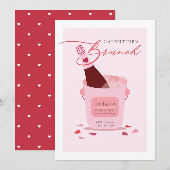 Galentine's Day Bruch Champagne Drink Heart Invitation (Front/Back)
