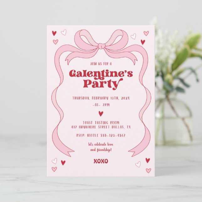 Galentine's Day Brunch Party Pink Bow Invitation (Standing Front)
