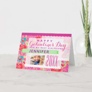 Galentine's Day Cute Pink Hearts Photo Holiday Card