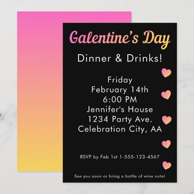 Galentines Day Dinner Drinks Pink Black Party Invitation (Front/Back)