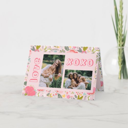 Galentines Day floral 2 photo collage pink xoxo Holiday Card