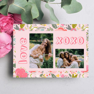 Galentine's Day floral pink 2 photo collage xoxo Holiday Card