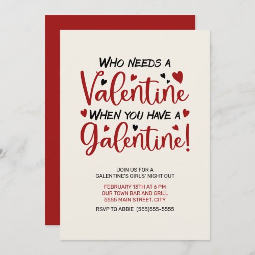 Galentines Day Girls Night Out Red Hearts Invitat Invitation