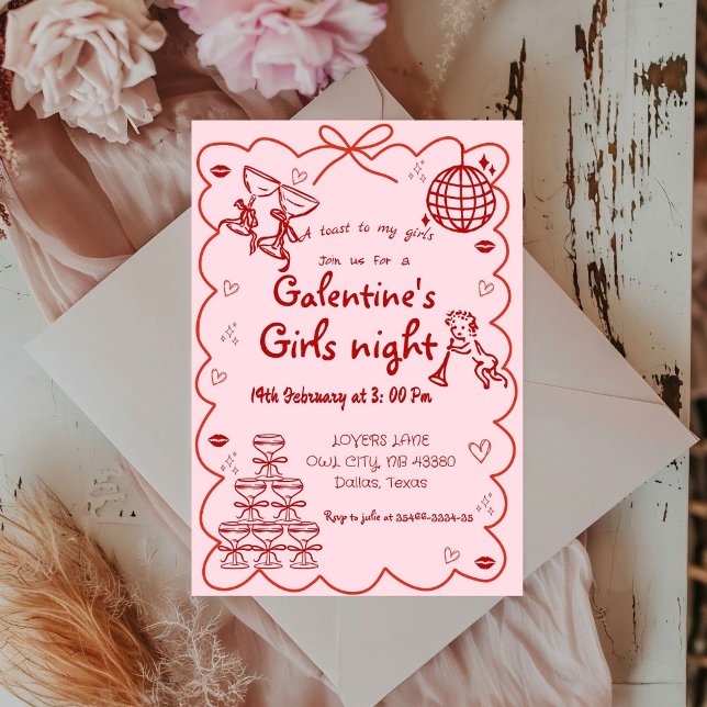 Galentine's day Hand Drawn Pink Girls Valentine Invitation (Creator Uploaded)