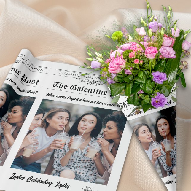 Galentines Day Newspaper Flower Bouquet Photo Wrapping Paper (Galentines Day Newspaper Flower Bouquet Photo Wrapping Paper)