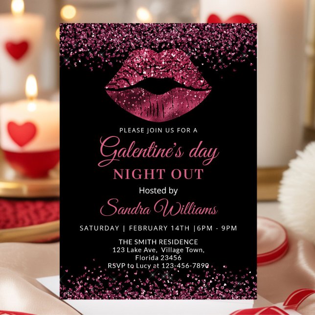 Galentine's Day Night Out Burgundy Lipstick Invitation (Burgundy Glitter Lipstick Galentine's day party invitation)
