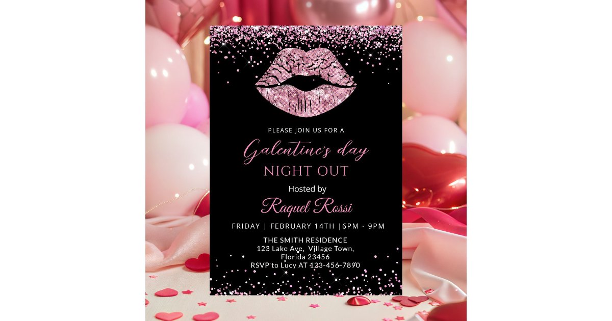 Galentine's Day Night Out Pink Glitter Lips Invitation | Zazzle