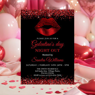 Galentine's Day Night Out Red Glitter Lips Invitation