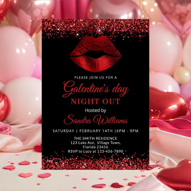 Galentine's Day Night Out Red Glitter Lips Invitation (Red Glitter Lipstick Galentine's Day night out invitation)