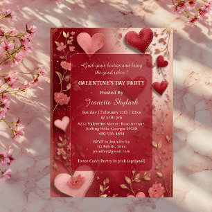 Galentine's Day Party Heart Ivory Vine Floral Red  Acrylic Invitations