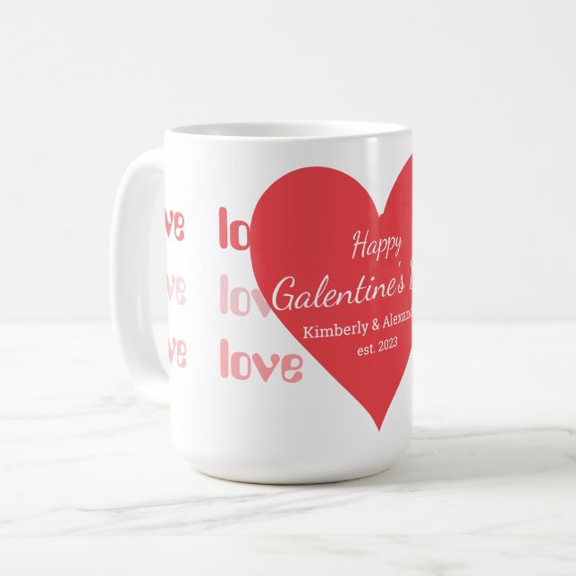 Galentine's Day Personalized Pink and Red Heart Coffee Mug (Front Left)