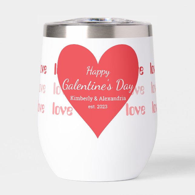 Galentine's Day Personalized Pink and Red Heart Thermal Wine Tumbler (Front)