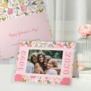 Galentine's Day photo pink xoxo floral Holiday Card