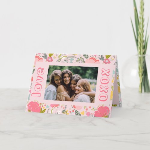 Galentines Day photo pink xoxo floral Holiday Card