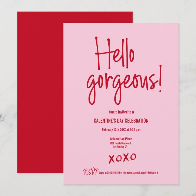 Galentine's Day PINK RED Hello gorgeous XOXO Invitation (Front/Back)