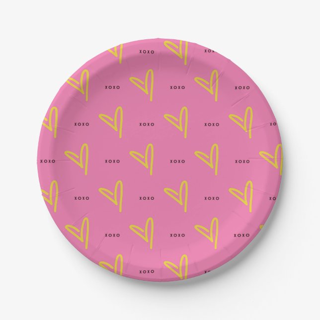 Galentine's Day Pink Yellow Heart XOXO Valentine Paper Plates (Front)