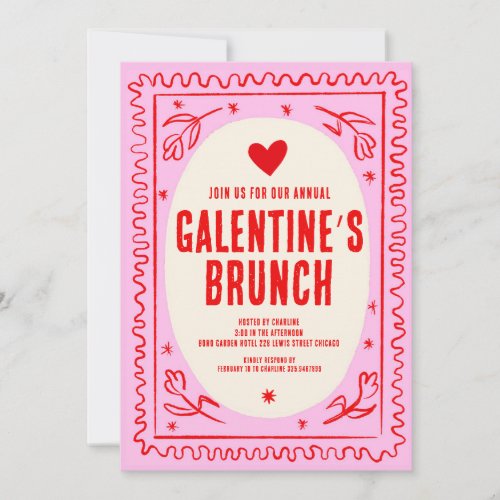 Galentines Day Red Pink  hand drawn Brunch  Invitation