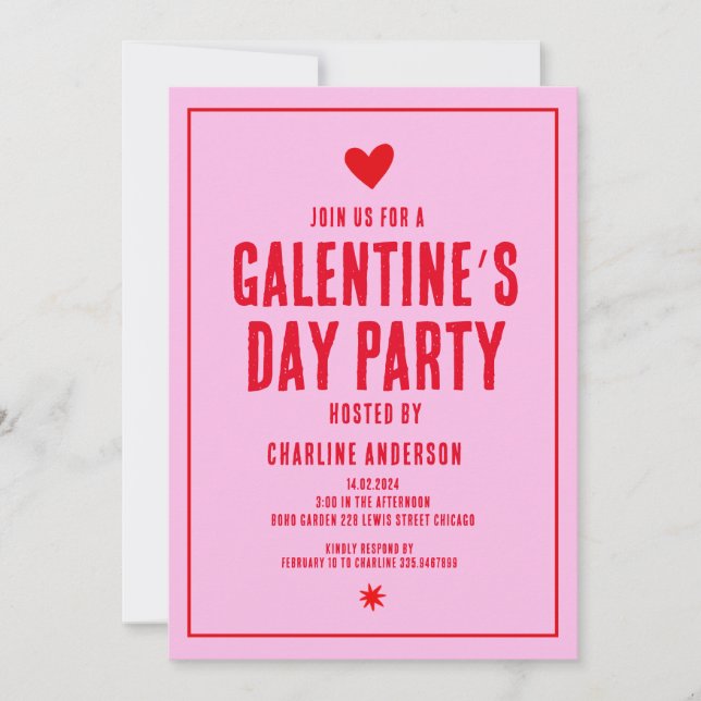 Galentine's Day Red Pink  hand drawn Party Invitation (Front)