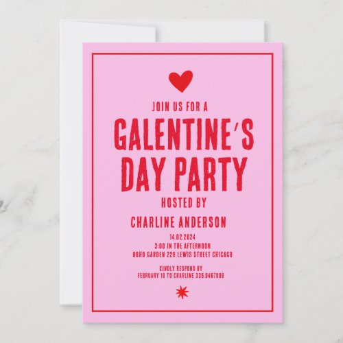 Galentines Day Red Pink  hand drawn Party Invitation