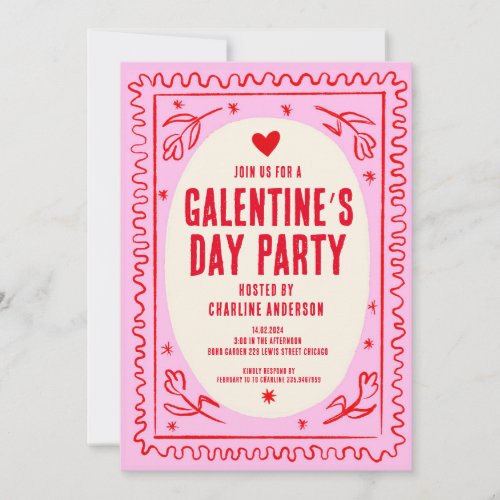 Galentines Day Red Pink  hand drawn Party Invitation