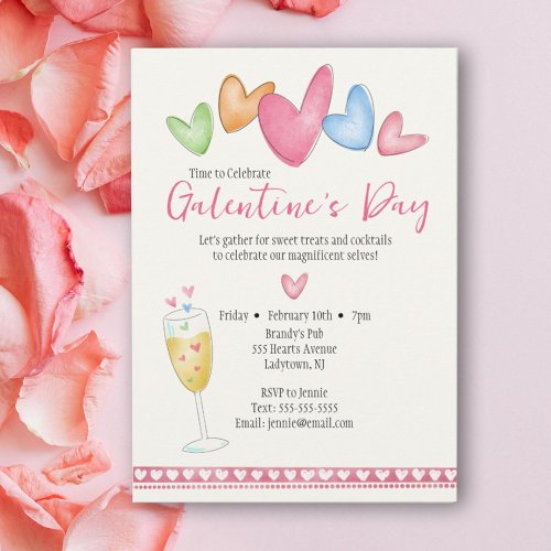 Galentines Day Watercolor Hearts Invitation