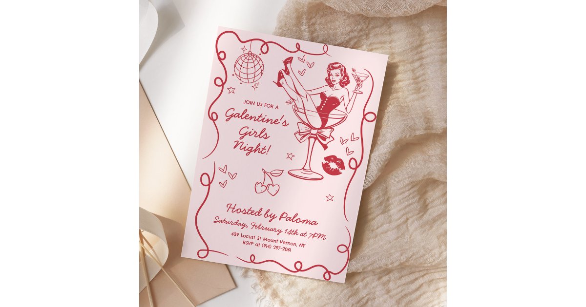 Galentines Girls Night Party Hand Drawn Pink Invitation | Zazzle