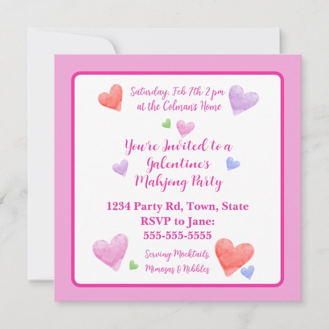 Galentine's Mahjong Party Watercolor Hearts Sq (Front)