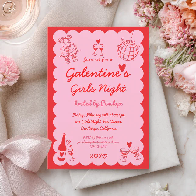 Galentine's Pink Red Hand Drawn Girls Night Party Invitation
