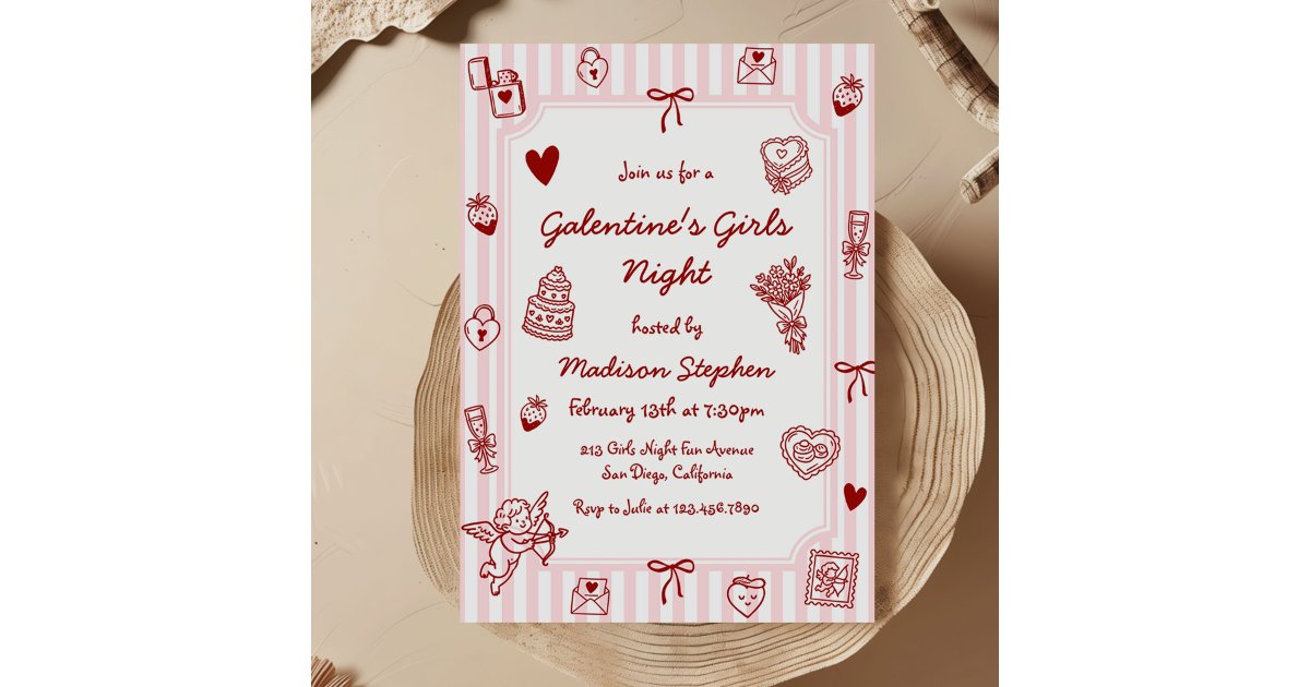 Galentine's Pink Red Hand Drawn Girls Night Party Invitation | Zazzle
