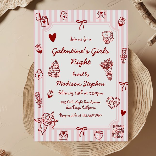 Galentine's Pink Red Hand Drawn Girls Night Party Invitation (Creator Uploaded)