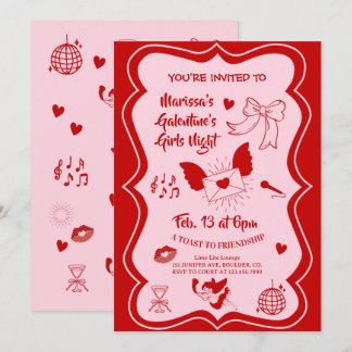 Galentine's Pink Red Hand Drawn Night Party Invitation