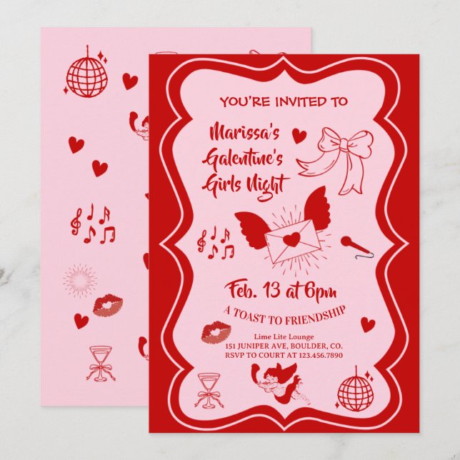 Galentine's Pink Red Hand Drawn Night Party Invitation (Front/Back)