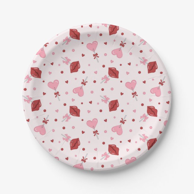 Galentine's Valentine Pink Heart Lollipop Design Paper Plates (Front)