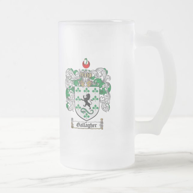 GALLAGHER FAMILY CREST -  GALLAGHER COAT OF ARMS FROSTED GLASS BEER MUG (Right)