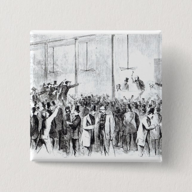 Gallagher's stock exchange (engraving) (b/w photo) pinback button (Front)