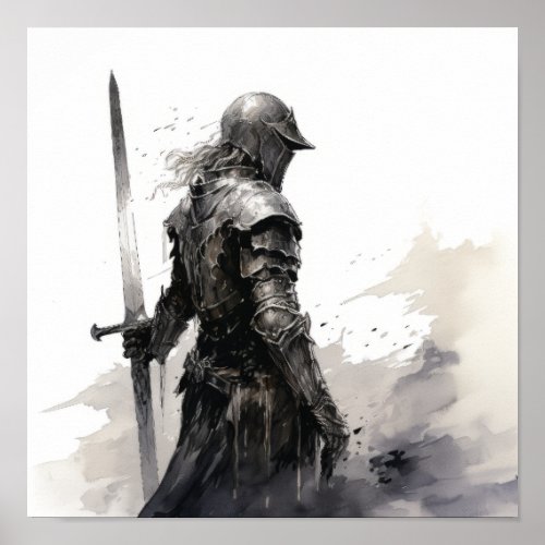 Gallant Knight in Action _ Striking Black and Whit Poster