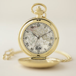 Galleon Sailing Ship ~ 1789 Eastern Hemisphere Map Pocket Watch